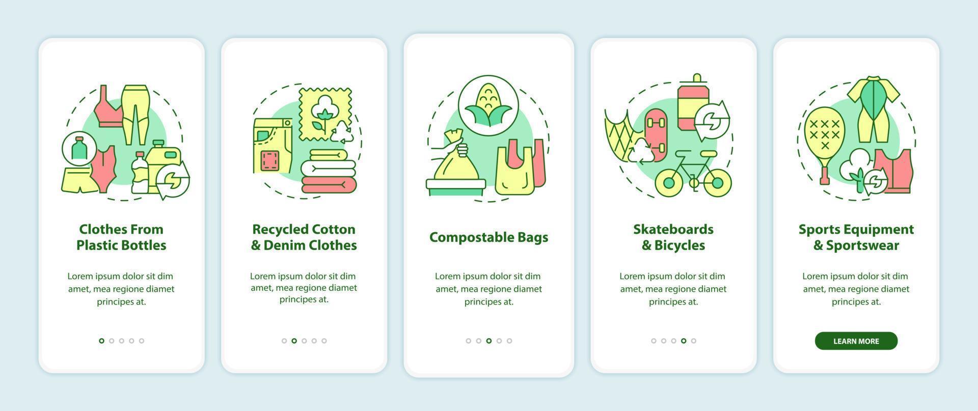 Upcycled materials onboarding mobile app page screen. Waste recycling walkthrough 5 steps graphic instructions with concepts. UI, UX, GUI vector template with linear color illustrations