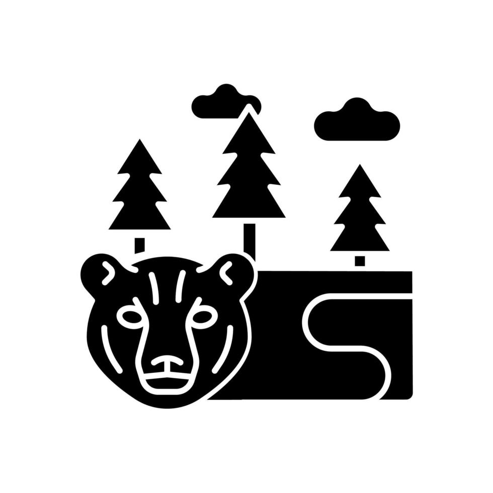 Boreal forest black glyph icon. Taiga. Forest with evergreen trees. Pine and spruce growing terrestrial biome. Cold subarctic region. Silhouette symbol on white space. Vector isolated illustration