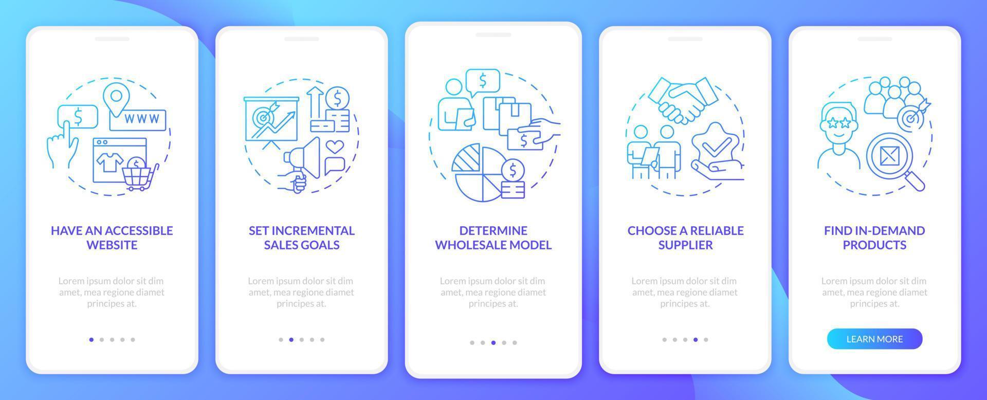 Distribution startup tips onboarding mobile app page screen. Wholesale trade walkthrough 5 steps graphic instructions with concepts. UI, UX, GUI vector template with linear color illustrations