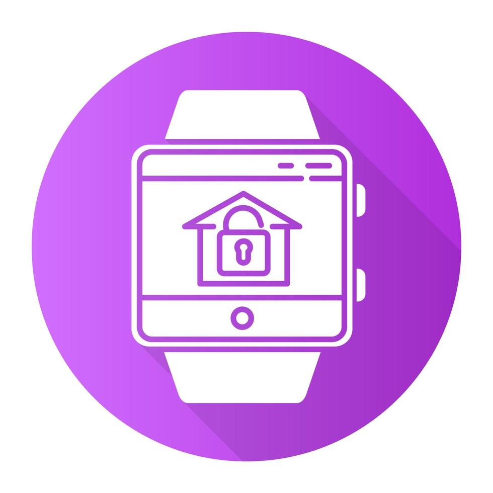 Home security monitoring smartwatch function purple flat design long shadow glyph icon. House alarm system remote control device feature. Fitness wristband capability. Vector silhouette illustration