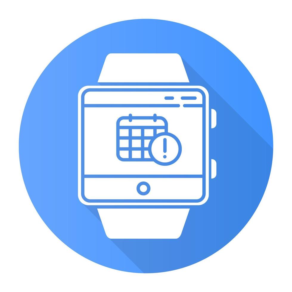 Scheduling events smartwatch function blue flat design long shadow glyph icon. Fitness wristband capability. Calendar and timetable. Planning and time management. Vector silhouette illustration