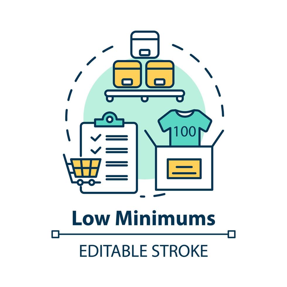 Low minimums concept icon. Risk management. E commerce. Shipping service. Logistics. Purchase and delivery of goods idea thin line illustration. Vector isolated outline drawing. Editable stroke