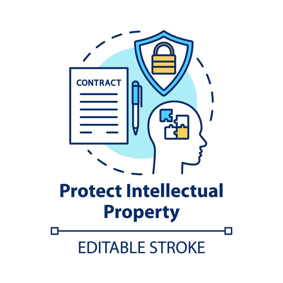 Protect intellectual property concept icon. Copyright legislation. Trade secret safety. Intellectual cooperation agreement idea thin line illustration. Vector isolated outline drawing. Editable stroke