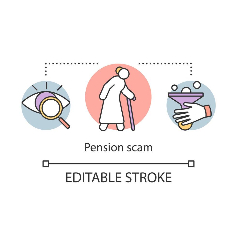 Pension scam concept icon. Elderly people fraud idea thin line illustration. Stealing saver retirement money. Tricking and deceiving old citizens. Vector isolated outline drawing. Editable stroke