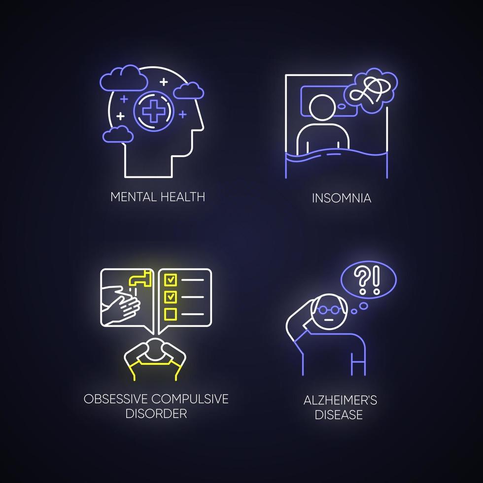 Mental disorder neon light icons set. Insomnia and sleep deprivation. Obsessive-compulsive syndrome. Alzheimer's disease. Dementia from old age. Glowing signs. Vector isolated illustrations