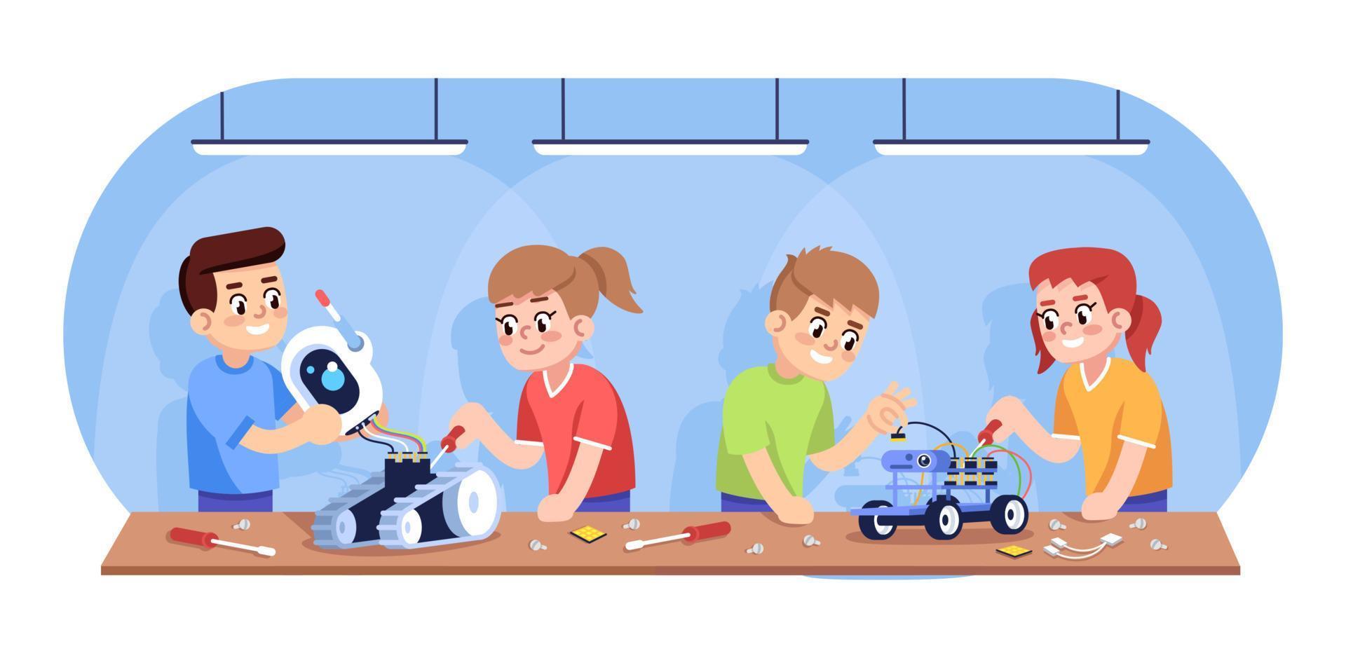 Kids assembling robots flat vector illustration. Automated constructor for children. After school club. Robotics courses for youngsters. Boys and girls creating electronic toys cartoon characters