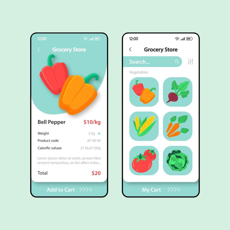 Grocery store smartphone interface vector template set. Mobile app page turquoise and white design layout. Food delivery service screen. Flat UI for application. Online shopping. Phone display