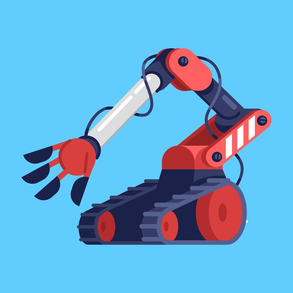 Robotic vehicle with manipulator arm flat vector illustration. Droid tracked car on remote control. Electronic equipment. Robot assistant. Isolated cartoon toy on blue background