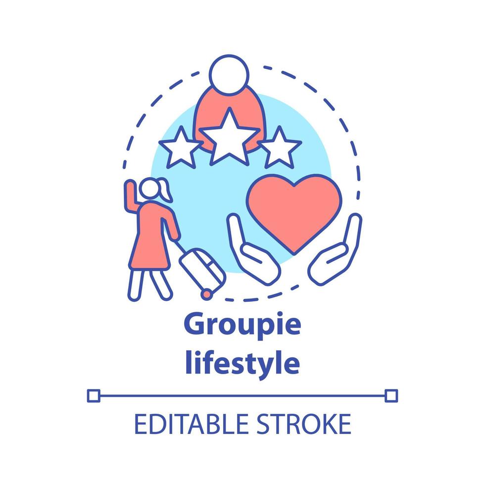 Groupie lifestyle concept icon. Seeking personal gain following celebrity idea thin line illustration. Obsessive adoration, attachment to musician. Vector isolated outline drawing. Editable stroke