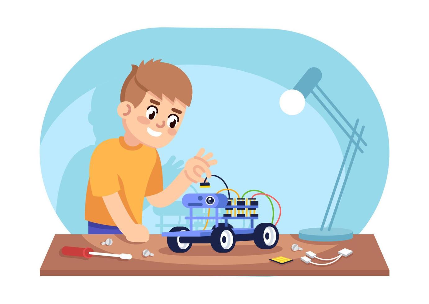 Boy assembling robot car flat vector illustration. Automated constructor kit for children. After school club. Robotics construction hobby. Kid creating electronic toy cartoon character