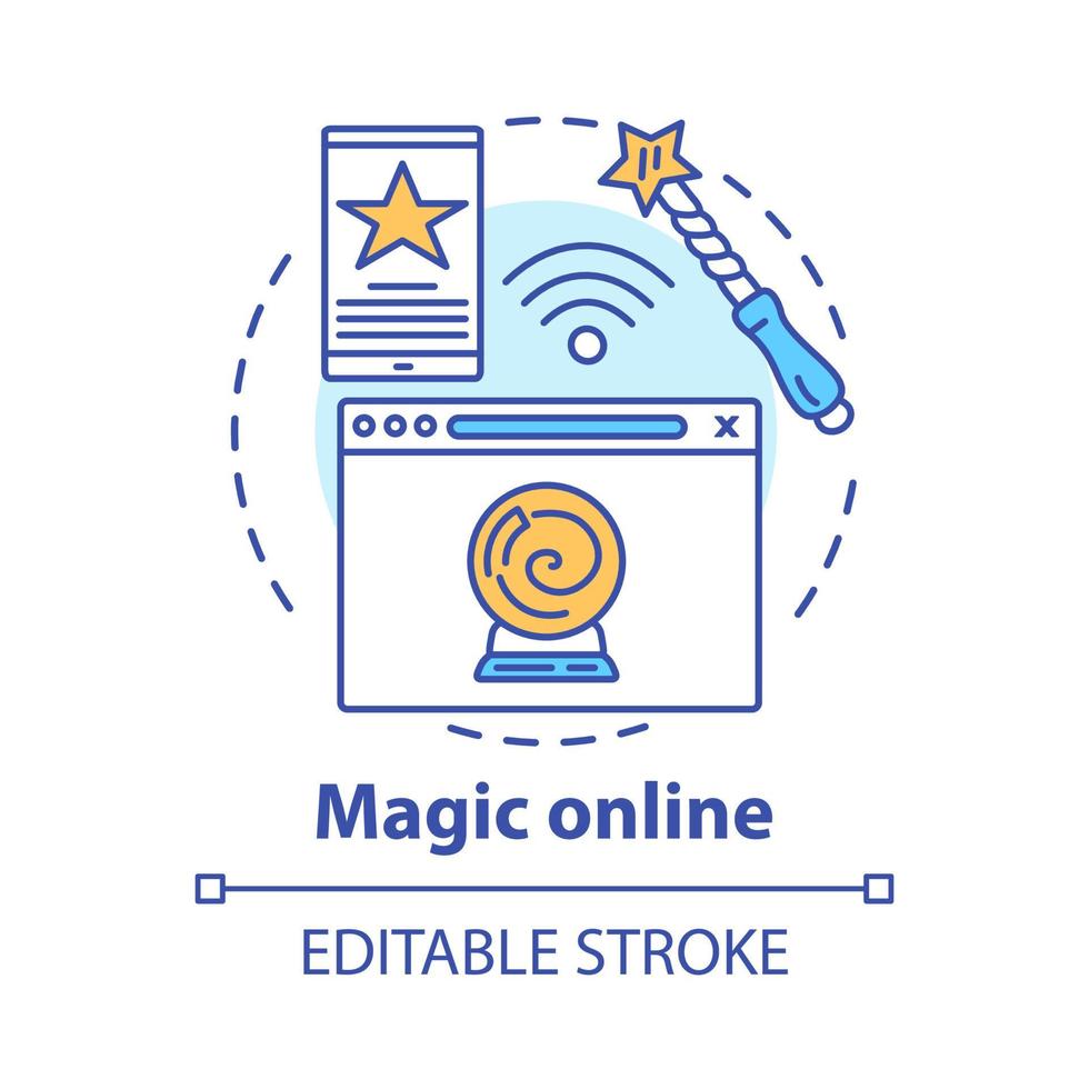 Magic online concept icon. Modern sorcery idea thin line illustration. Internet witchcraft, fortune telling service. Wizard wand and crystal ball vector isolated outline drawing. Editable stroke