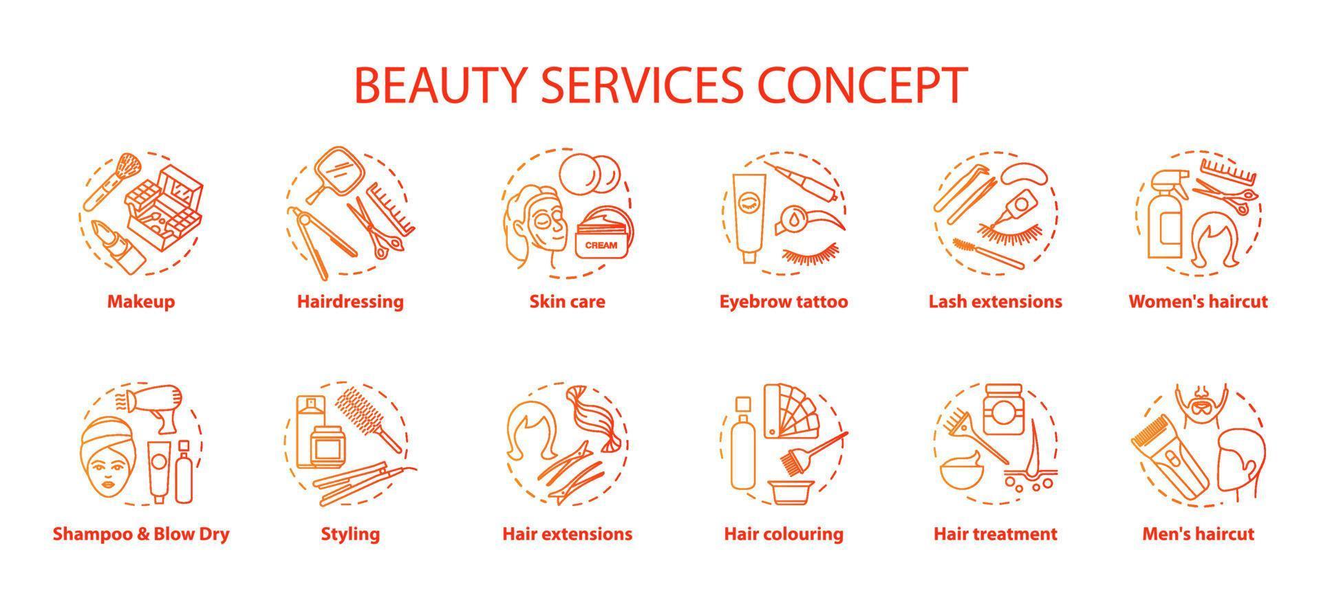 Beauty services concept icons set. Beauty salon, SPA skin care procedures idea thin line illustrations. Hairdressing and makeup. Red gradient vector isolated outline drawings. Editable stroke