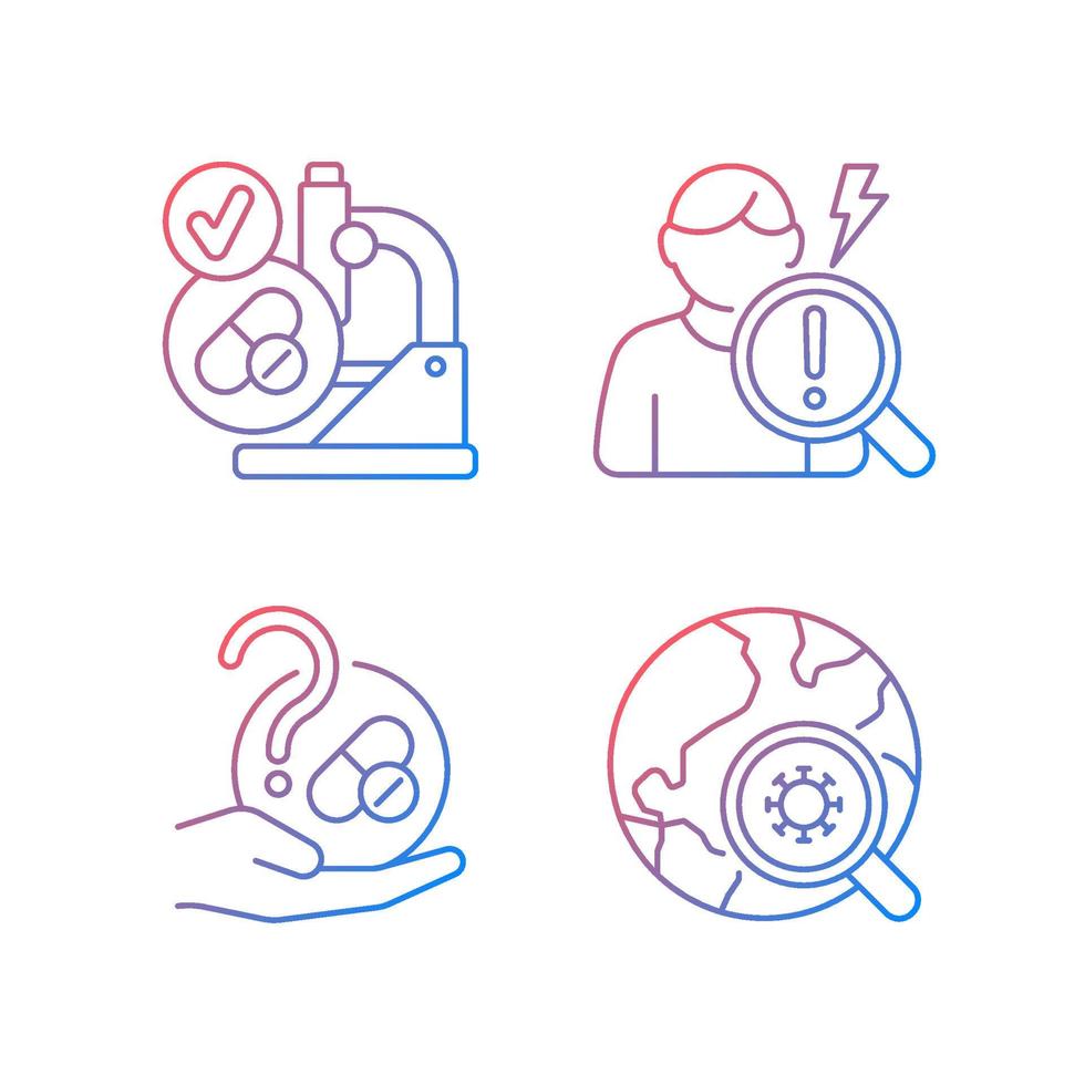 Testing potential treatments gradient linear vector icons set. Successful research. Observational studies. Blind trials. Thin line contour symbols bundle. Isolated outline illustrations collection