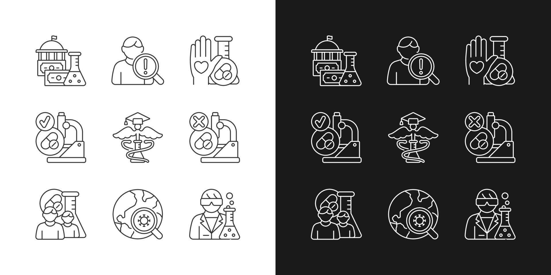 Clinical study linear icons set for dark and light mode. Evaluating new drugs and treatments. Government funding. Customizable thin line symbols. Isolated vector outline illustrations. Editable stroke