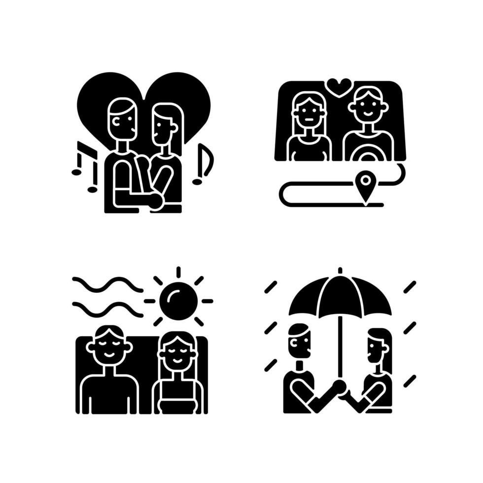 Couple quality time black glyph icons set on white space. Spending free time together as family. Romantic dates ideas. Weekend with partner tips. Silhouette symbols. Vector isolated illustration