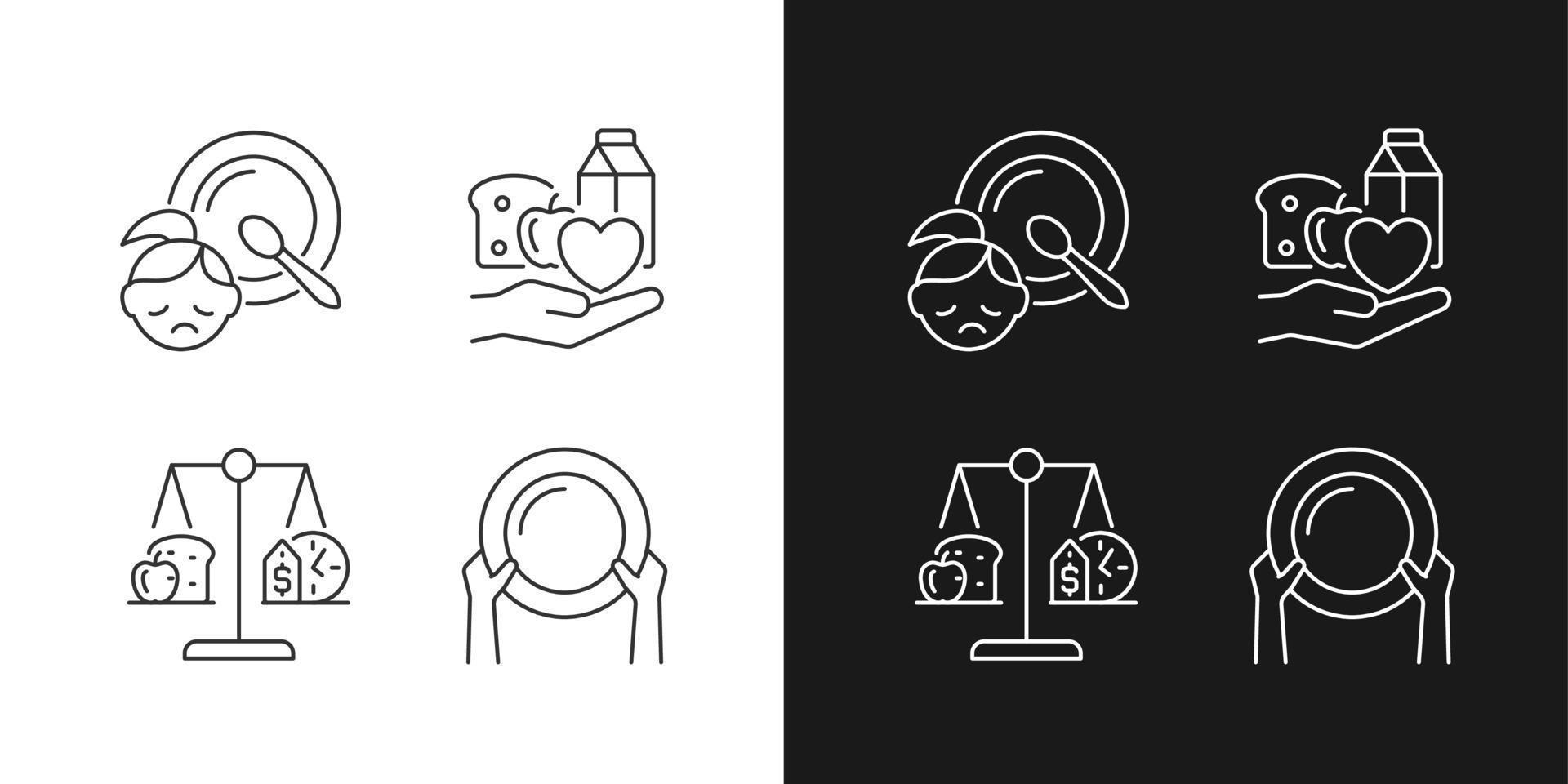 Helping people in need linear icons set for dark and light mode. Food donation and charity. Poverty and hunger. Customizable thin line symbols. Isolated vector outline illustrations. Editable stroke