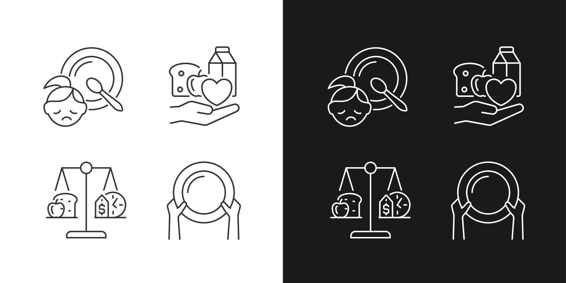 Helping people in need linear icons set for dark and light mode. Food donation and charity. Poverty and hunger. Customizable thin line symbols. Isolated vector outline illustrations. Editable stroke