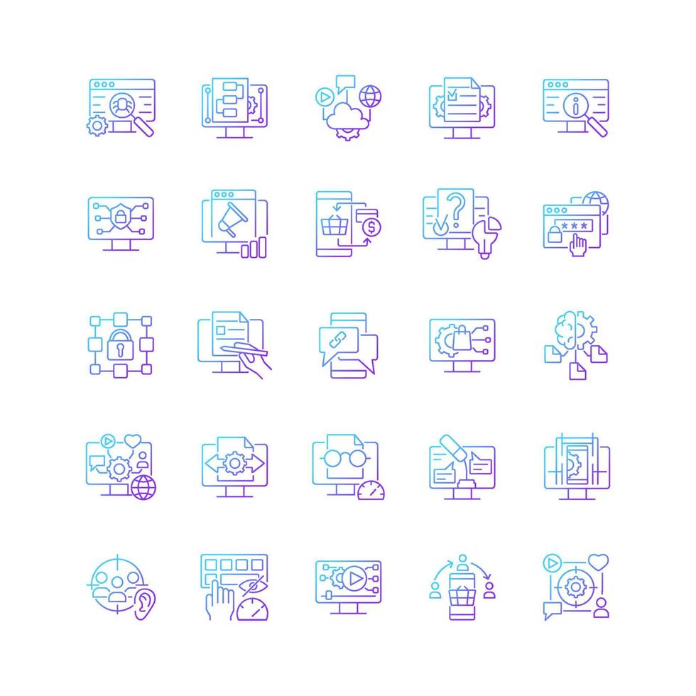 Digital skills gradient linear vector icons set. Gaining literacy competencies in digital era. Technological proficiency. Thin line contour symbols bundle. Isolated outline illustrations collection