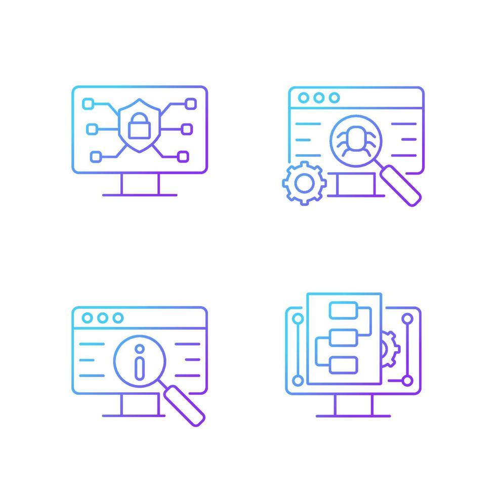 Use of digital technologies gradient linear vector icons set. Staying safe online. Software testing. Product promotion. Thin line contour symbols bundle. Isolated outline illustrations collection