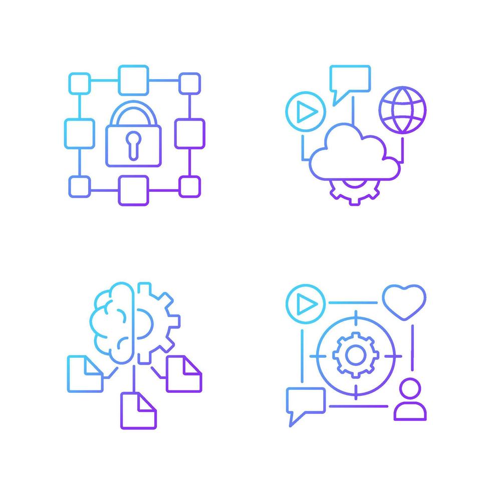 Digital inclusion gradient linear vector icons set. Cloud computing. Machine learning. Encrypted data storage. Thin line contour symbols bundle. Isolated outline illustrations collection