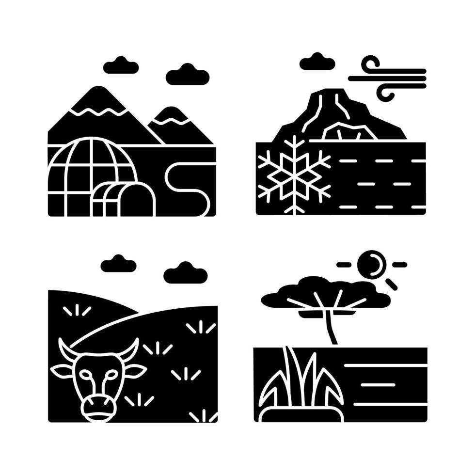 Climate zones black glyph icons set on white space. Southern and northern regions. Polar arctic lands. Temperate climatic conditions. Silhouette symbols. Vector isolated illustration