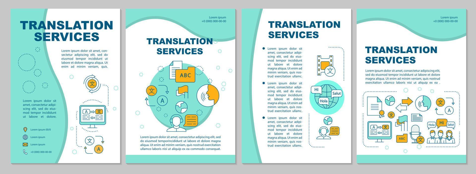 Diseño de plantilla de folleto de servicios de traducción. traducción de idiomas extranjeros. folleto, folleto, diseño de impresión de folletos con ilustraciones lineales. diseños de páginas vectoriales para revistas, carteles publicitarios vector