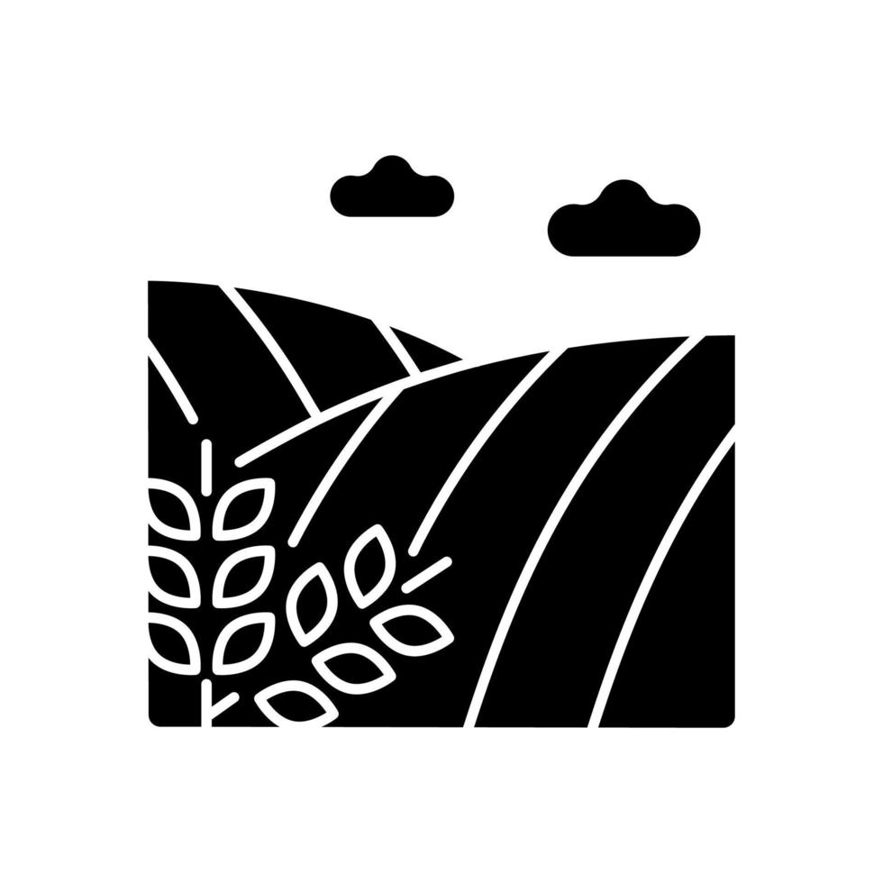 Cropland black glyph icon. Crops production and harvest. Farming and arable land. Agricultural area. Cultivated soil for growing plants. Silhouette symbol on white space. Vector isolated illustration