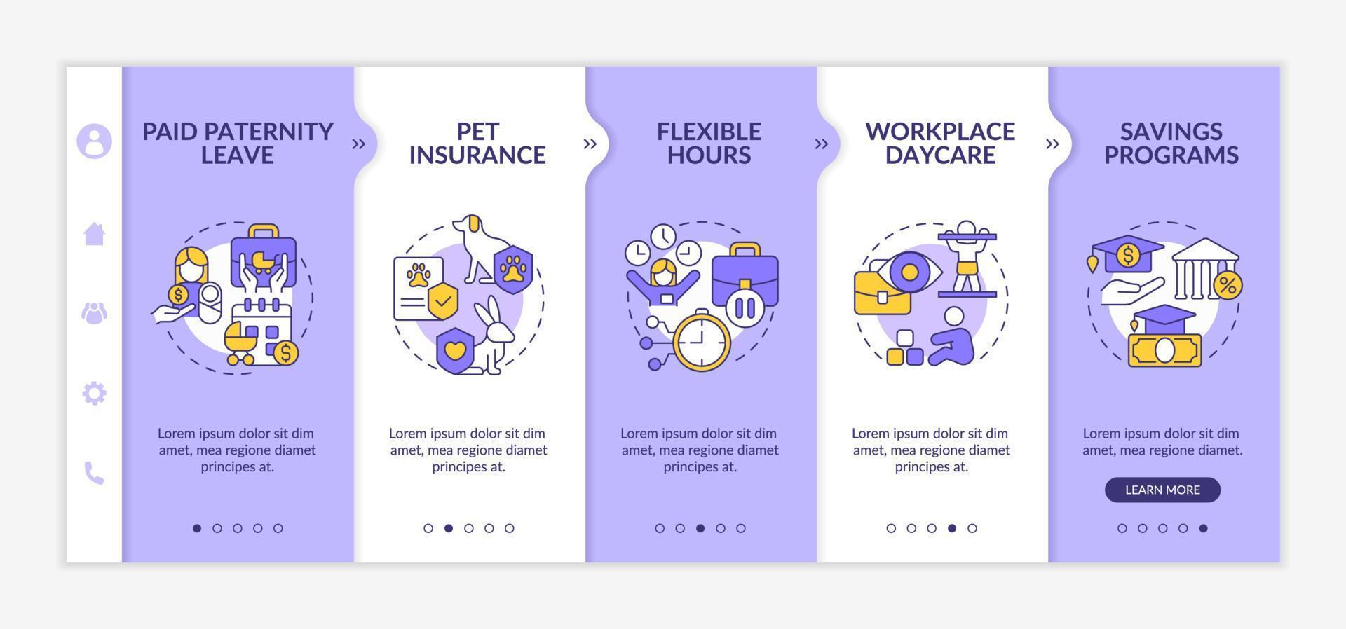 Perks for employees with family onboarding template. Saving programs. Responsive mobile website with linear concept icons. Web page walkthrough 5 step screens. Lato-Bold, Regular fonts used vector