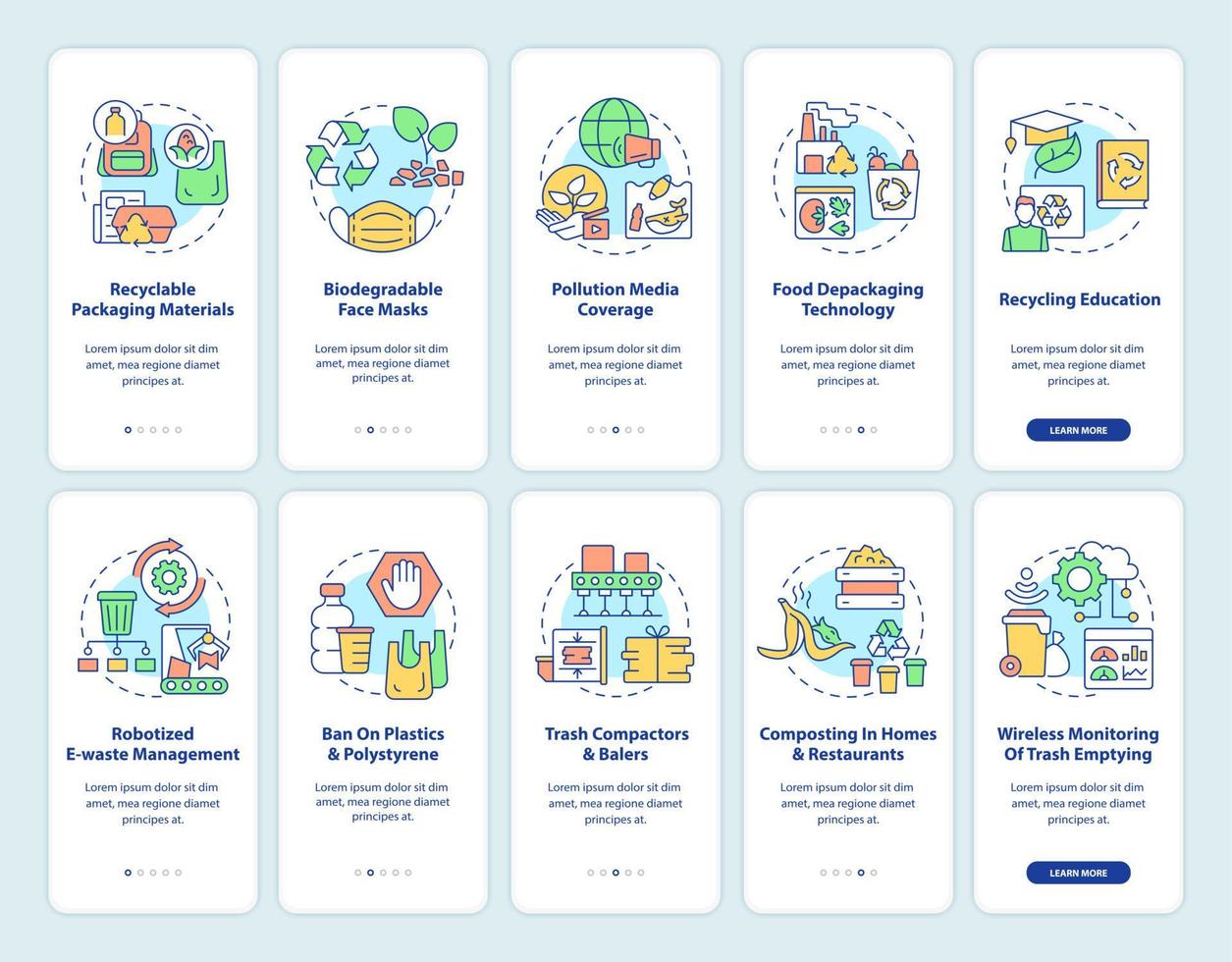 Nature protection trends onboarding mobile app page screen set. Pollution reduction walkthrough 10 steps graphic instructions with concepts. UI, UX, GUI vector template with linear color illustrations