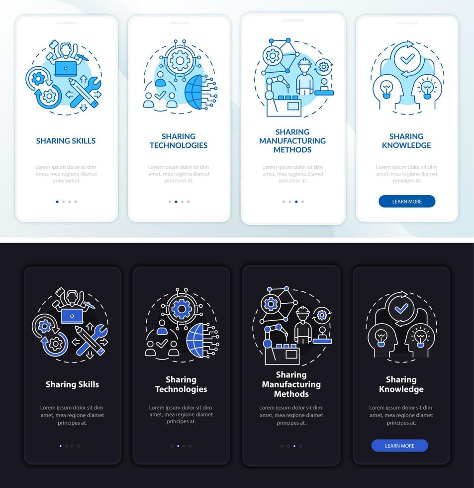 Tech sharing methods onboarding mobile app page screen. Innovation walkthrough 4 steps graphic instructions with concepts. UI, UX, GUI vector template with linear night and day mode illustrations