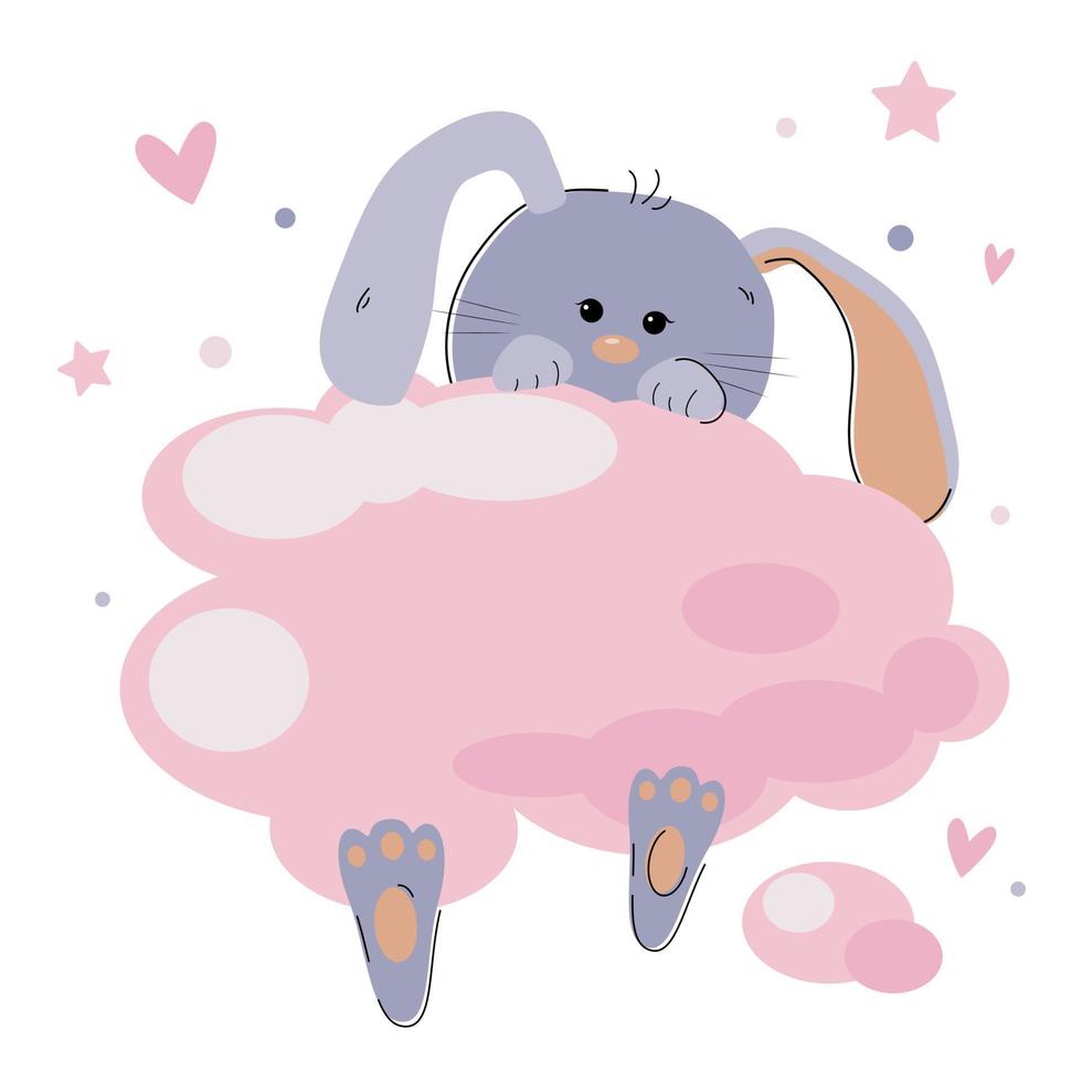 Rabbit on a cloud cute childish vector illustration on a white background.