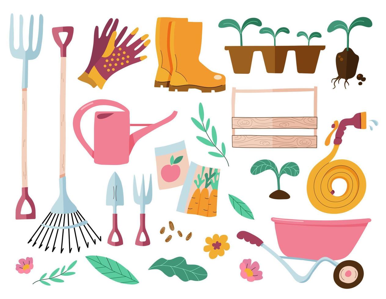 conjunto de herramientas de jardinería y equipos de jardinería. ilustración vectorial de artículos para jardinería. vector