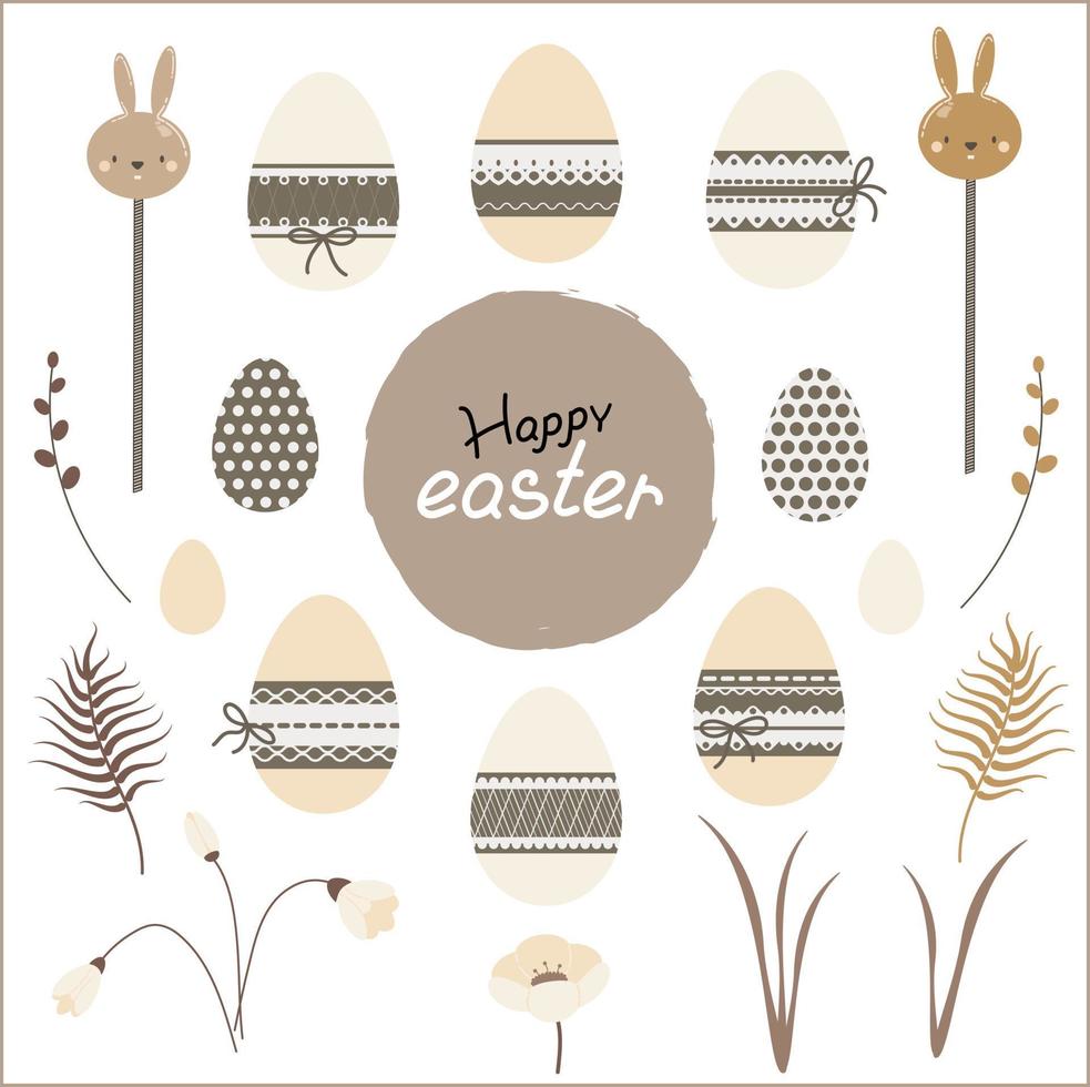 Set of different Easter items. Eggs, candy canes, flowers and twigs. For creating patterns, cards, banners, labels. vector