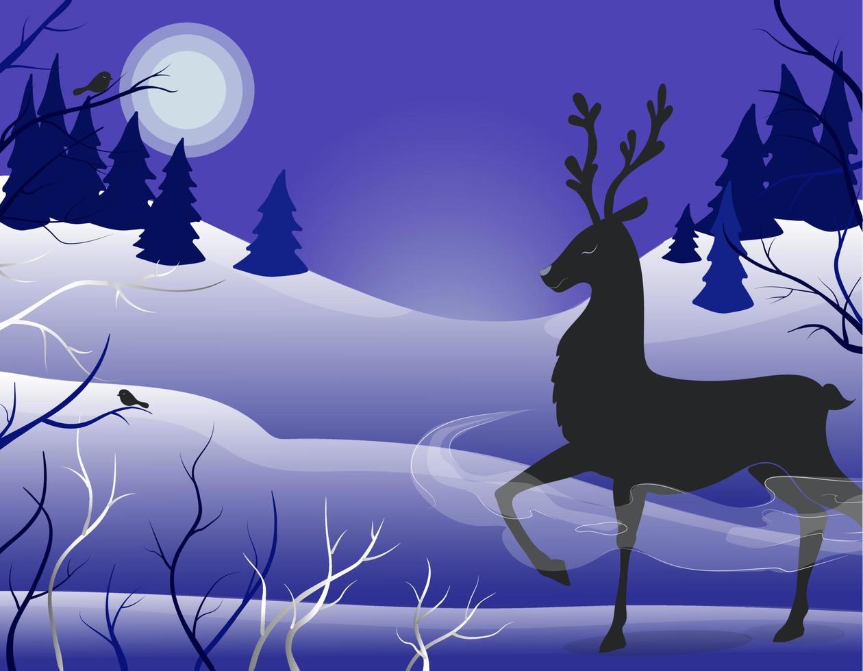 Deer in the forest with snow in the winter season. Night fairy forest. Christmas card. vector