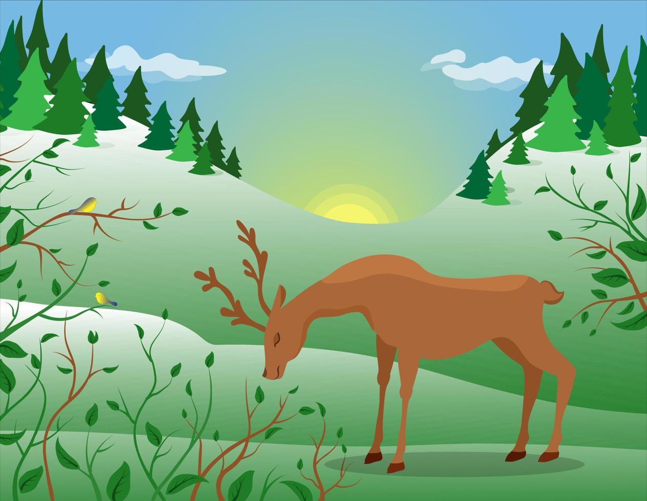 Deer in the spring forest. Natural landscape. vector