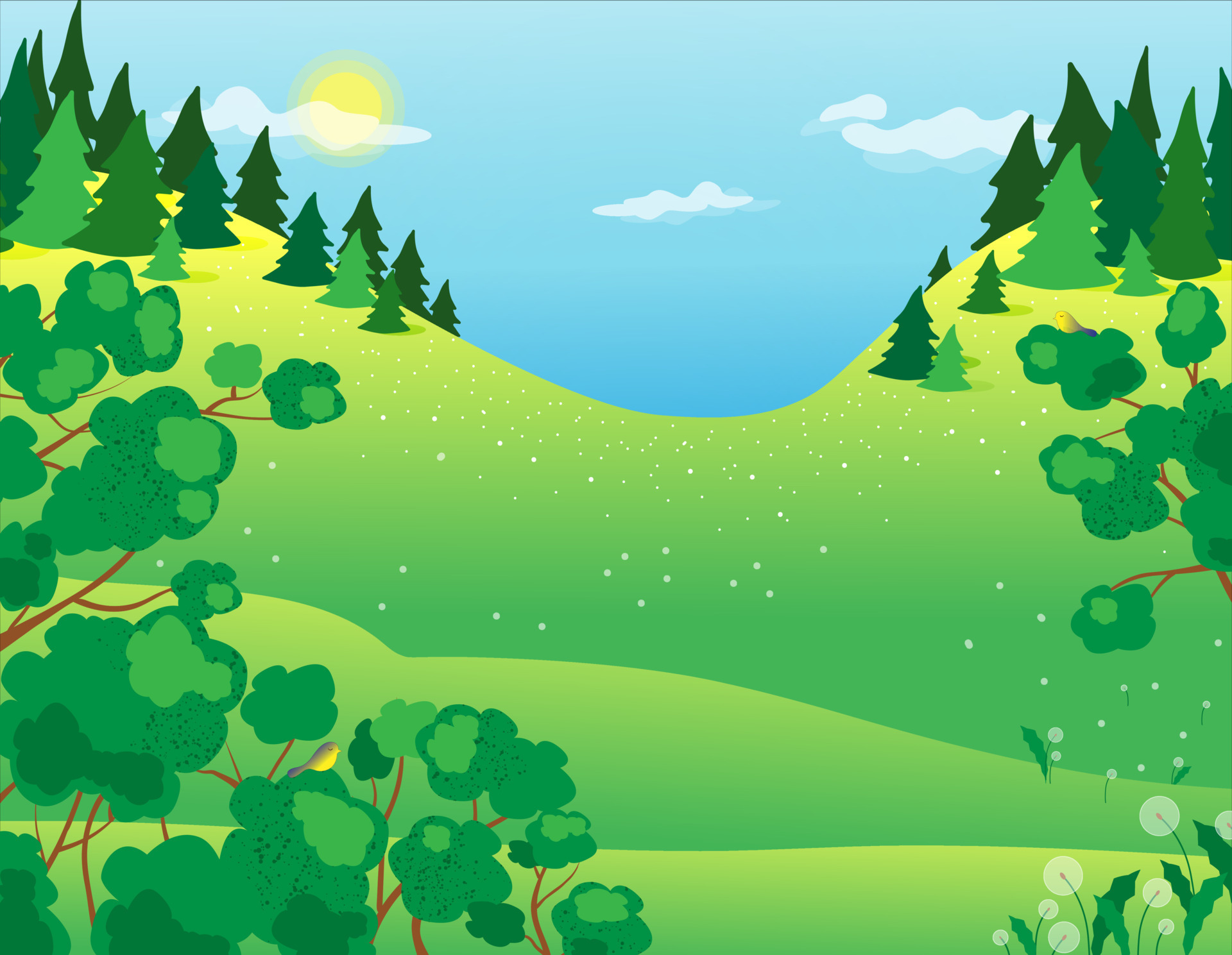Vector illustration of a summer forest landscape with fir trees, trees