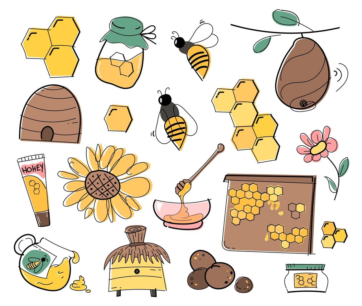 un conjunto de propóleo y miel. panales colmenas de abejas y productos de miel. ilustración vectorial aislado sobre fondo blanco. vector