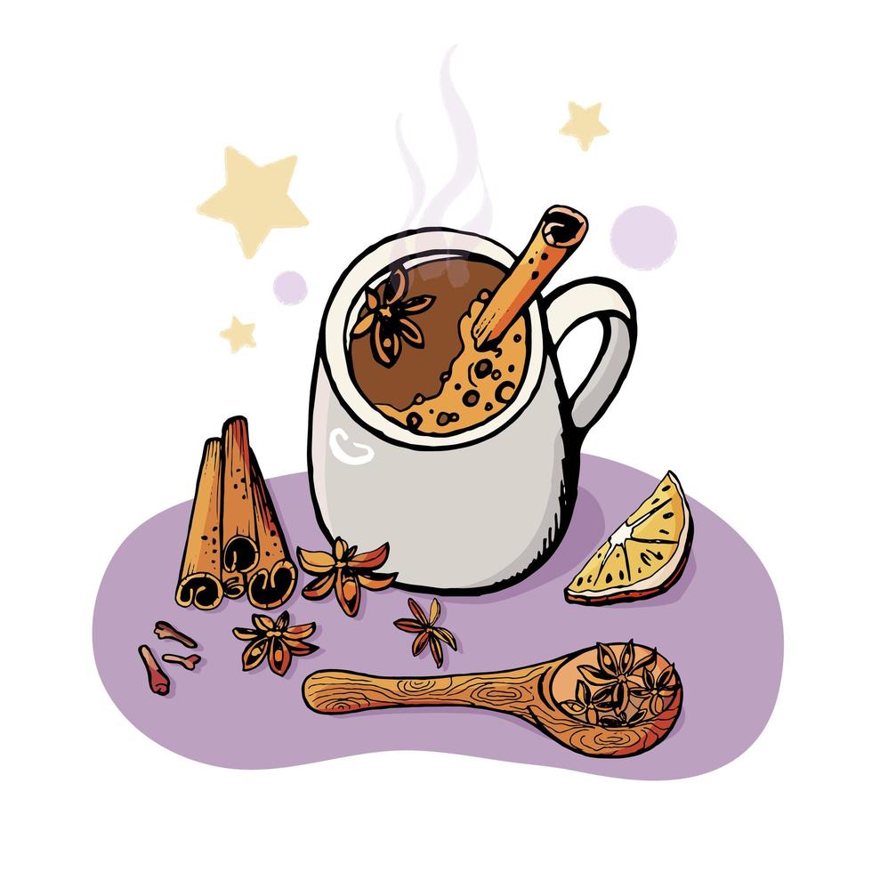 A cup of coffee with cinnamon and a wooden spoon. Vector illustration concept for blog and recipe books