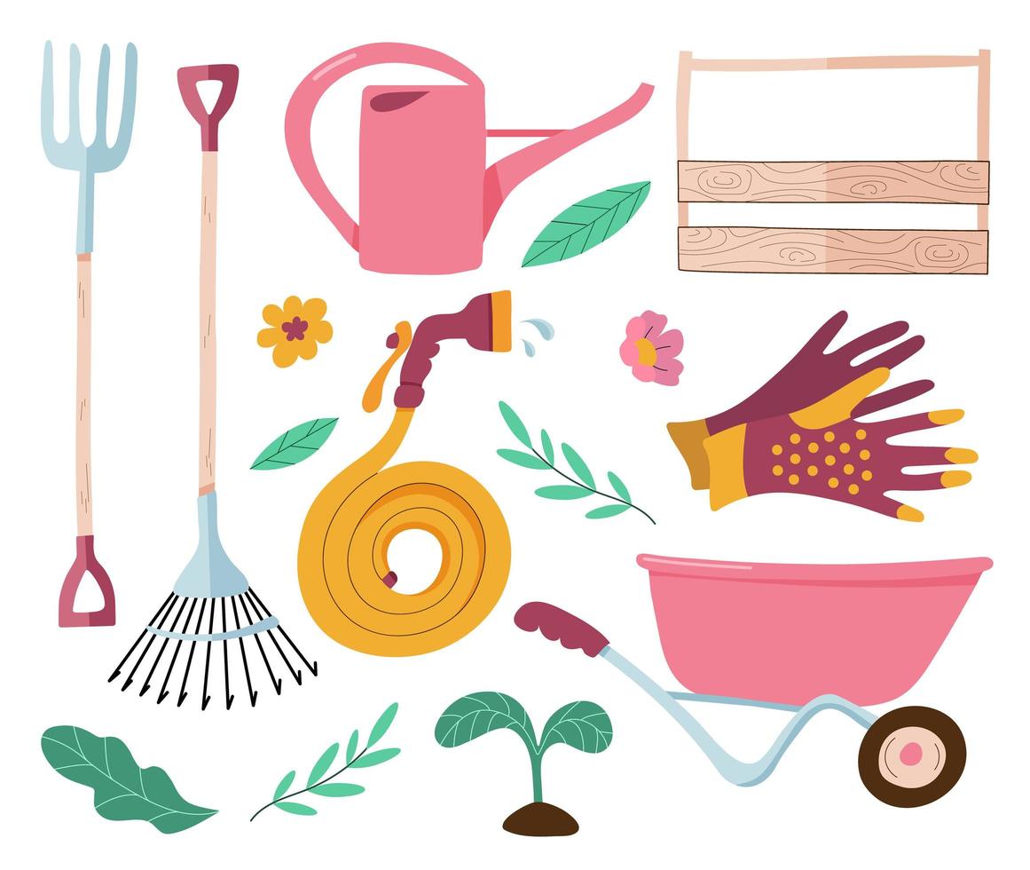 conjunto de herramientas de jardinería y equipos de jardinería. ilustración vectorial de artículos para jardinería vector