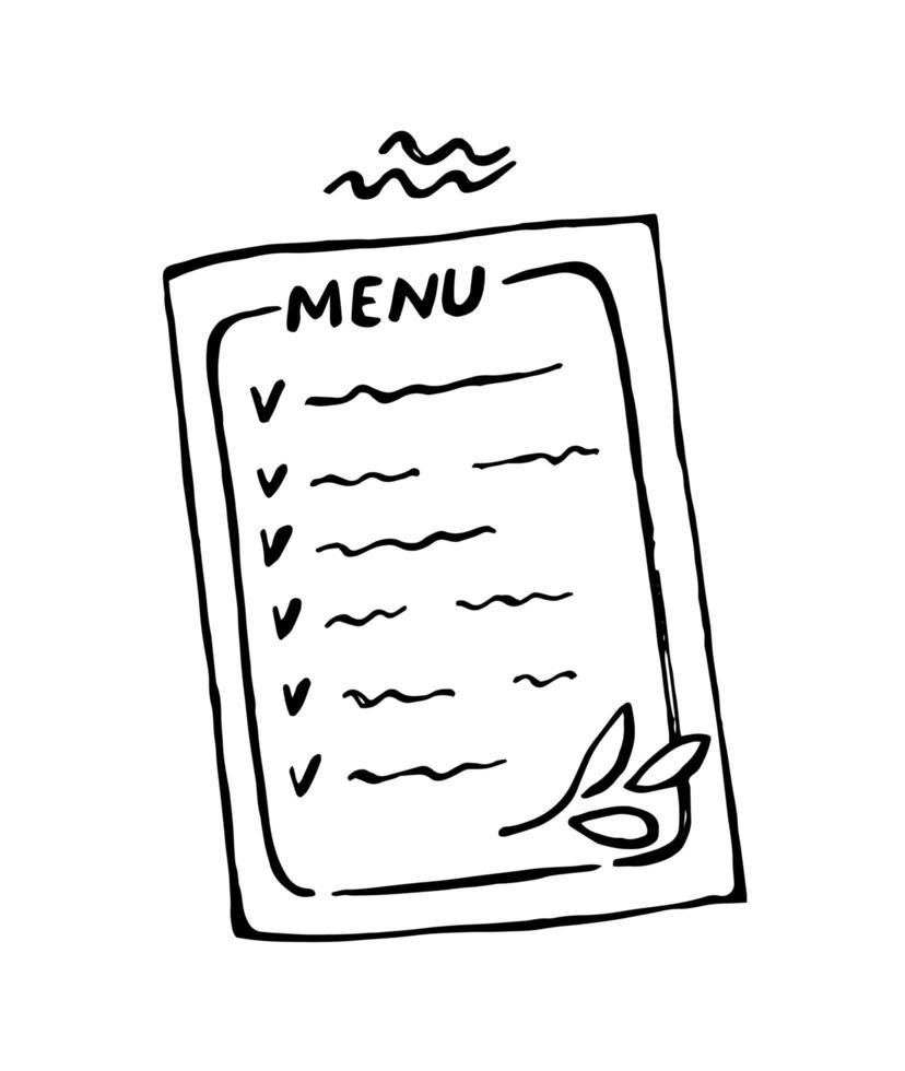 Vector hand drawn menu illustration in doodle style isolated on white background.