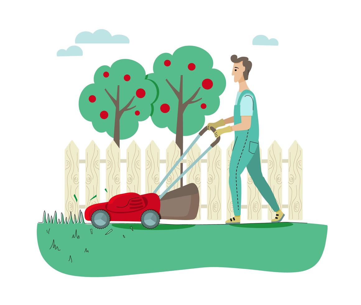 Gardener with lawn mower and garden tools. Vector illustration of lawn mowing service.