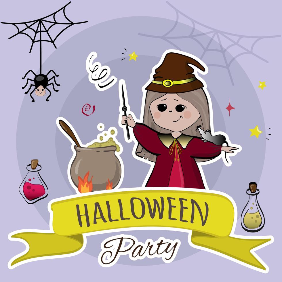 Halloween party invitation card for the holidays. Witch boiling cauldron with pumpkin and other symbols. vector