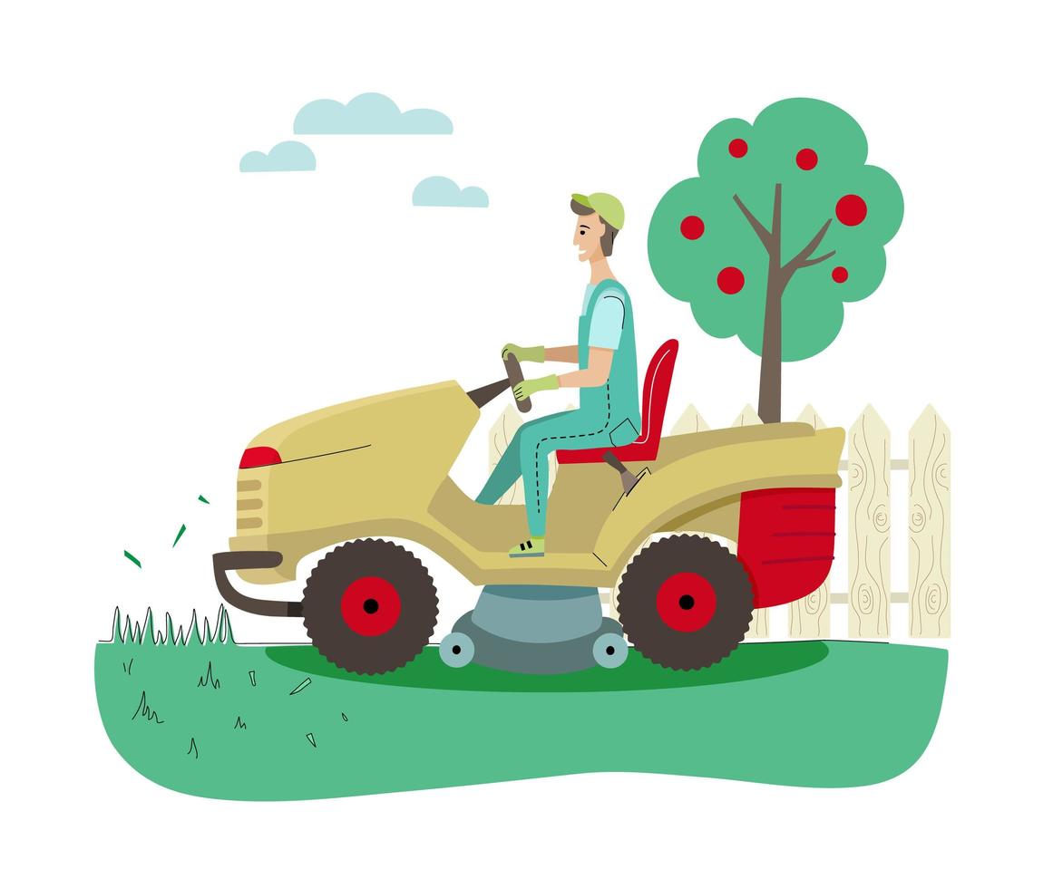 Gardener with lawn mower and garden tools. Vector illustration of lawn mowing service.