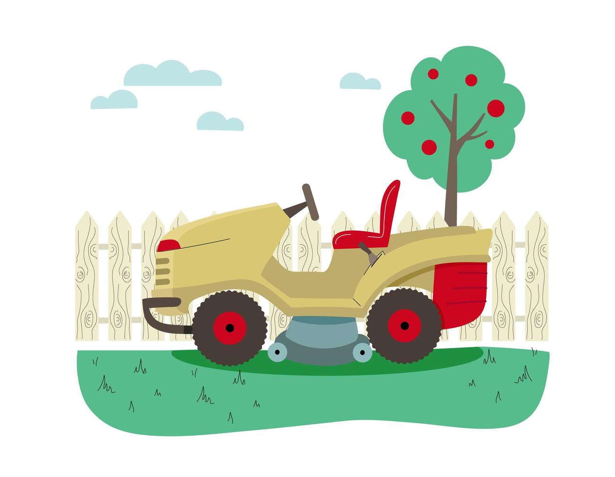 Lawn mower in the garden garden tools. Vector illustration of lawn mowing service.