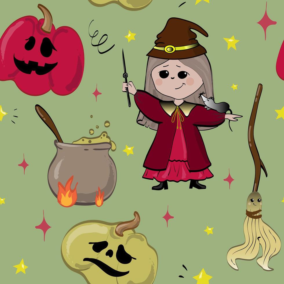 Halloween seamless pattern with pumpkins, witch, boiling cauldron and broom. vector