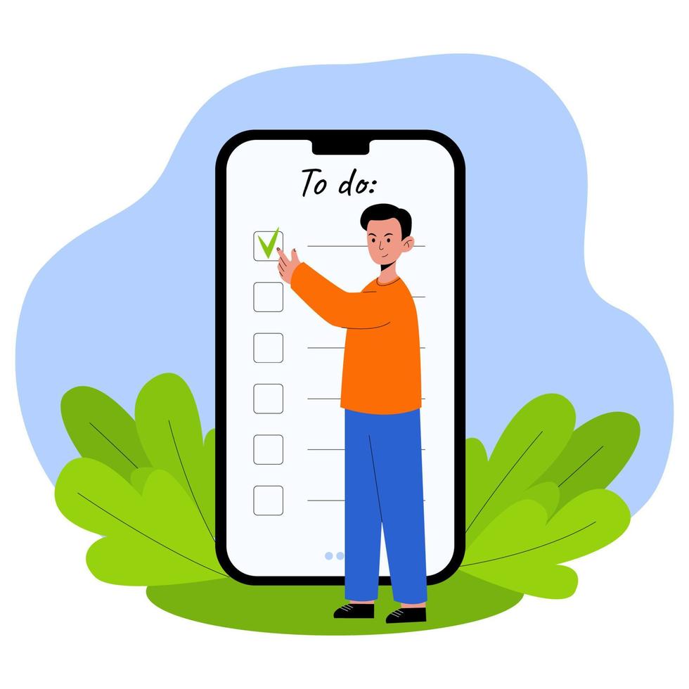 el empresario pone una marca de verificación en la lista de verificación de la aplicación móvil. para hacer la lista en la pantalla del teléfono inteligente. gestión y planificación del tiempo. ilustración de concepto de vector en estilo plano.