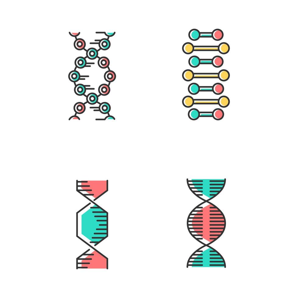 conjunto de iconos de colores de cadenas espirales de adn. hélice de ácido nucleico desoxirribonucleico. hebras en espiral. cromosoma. Biología Molecular. codigo genetico. genoma genética. medicamento. ilustraciones de vectores aislados