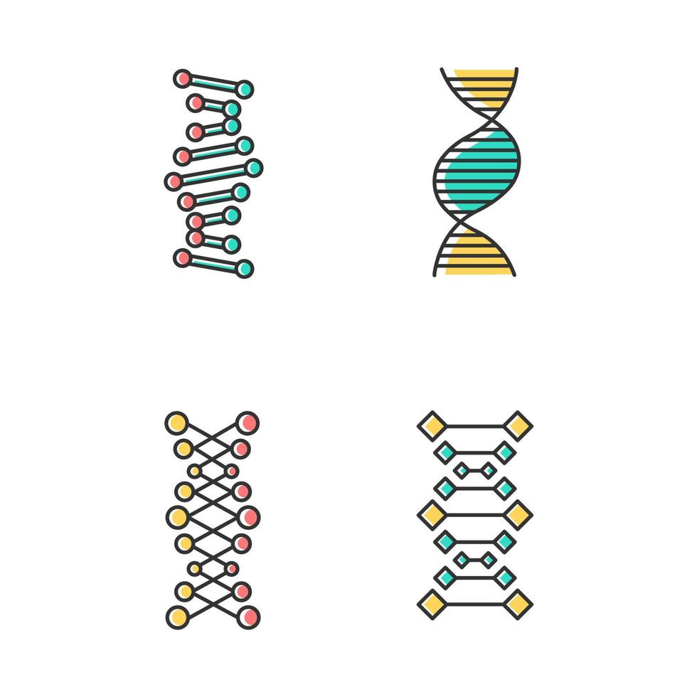 DNA chains color icons set. Deoxyribonucleic, nucleic acid helix. Spiraling strands. Chromosome. Molecular biology. Genetic code. Genome. Genetics. Medicine. Isolated vector illustrations