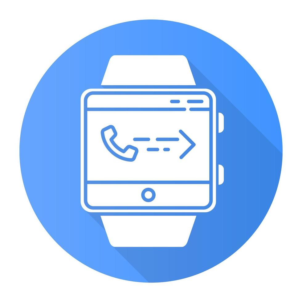Answering calls smartwatch function blue flat design long shadow glyph icon. Fitness wristband capability. Receiving income calls. Synchronization with mobile phone. Vector silhouette illustration