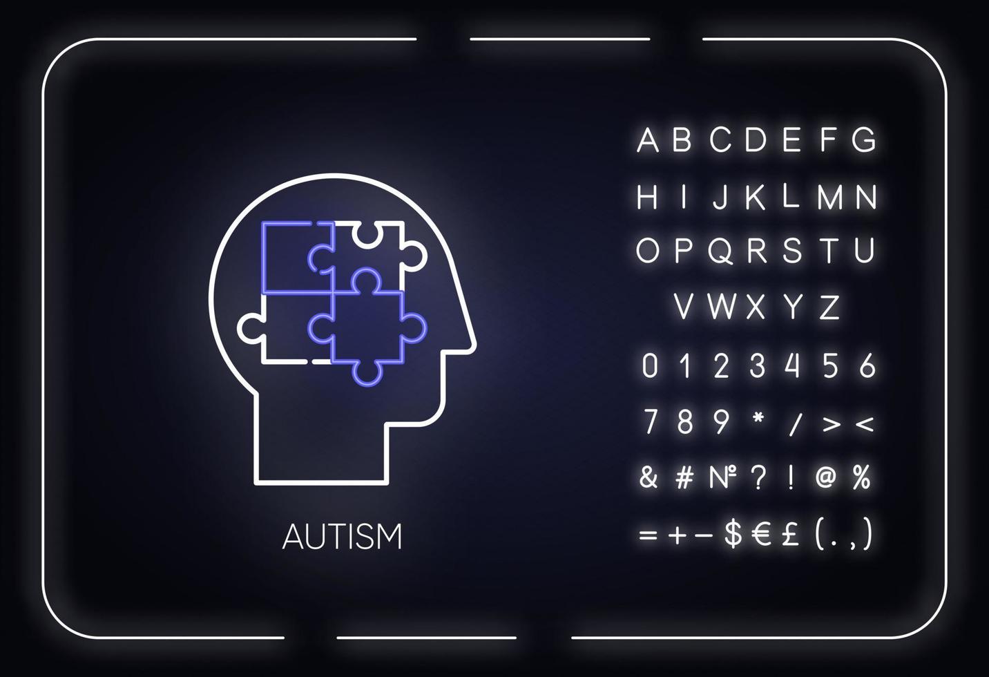 icono de luz de neón de autismo. mente desconcertada neurología y psiquiatría. pensamiento diferente. asperger trastorno del desarrollo. signo brillante con alfabeto, números y símbolos. ilustración vectorial aislada vector